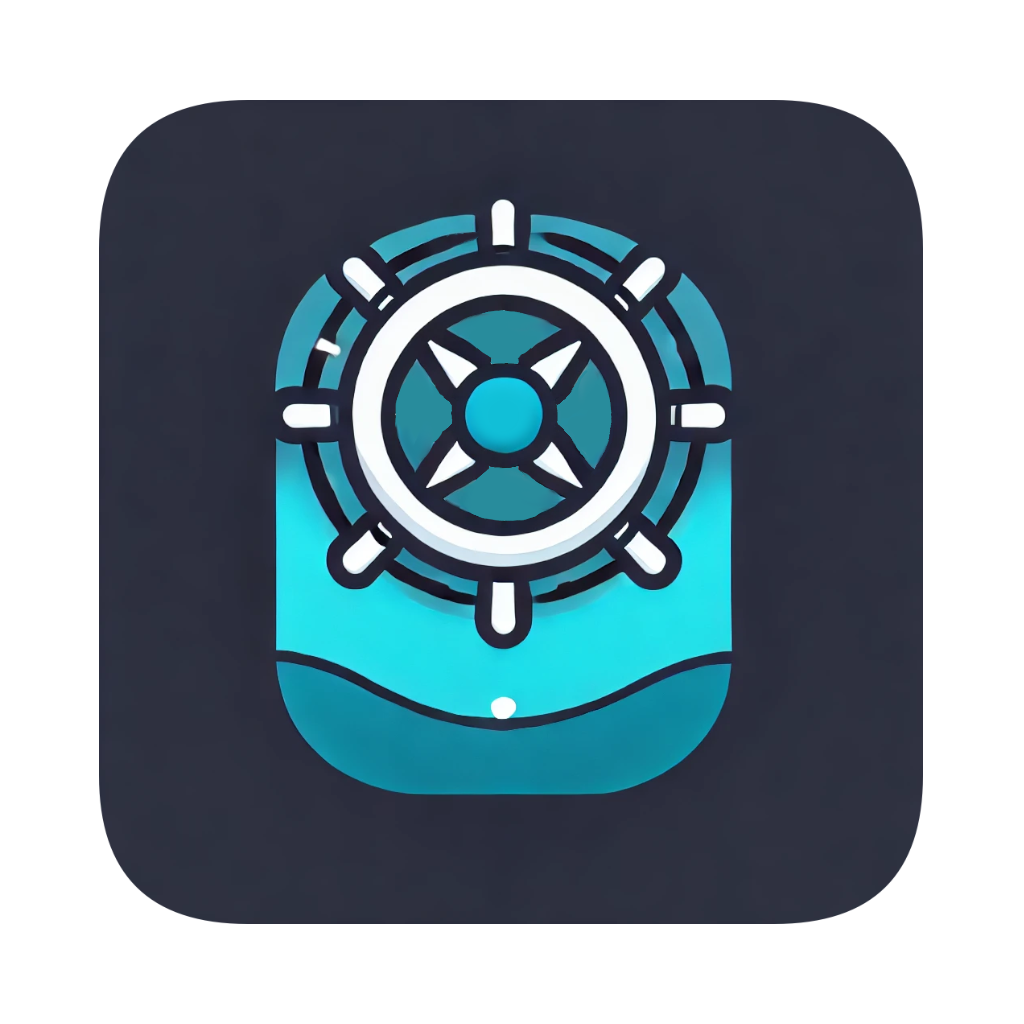Pathfinder app logo, a boat's wheel steering towards the rising sun in the ocean.
